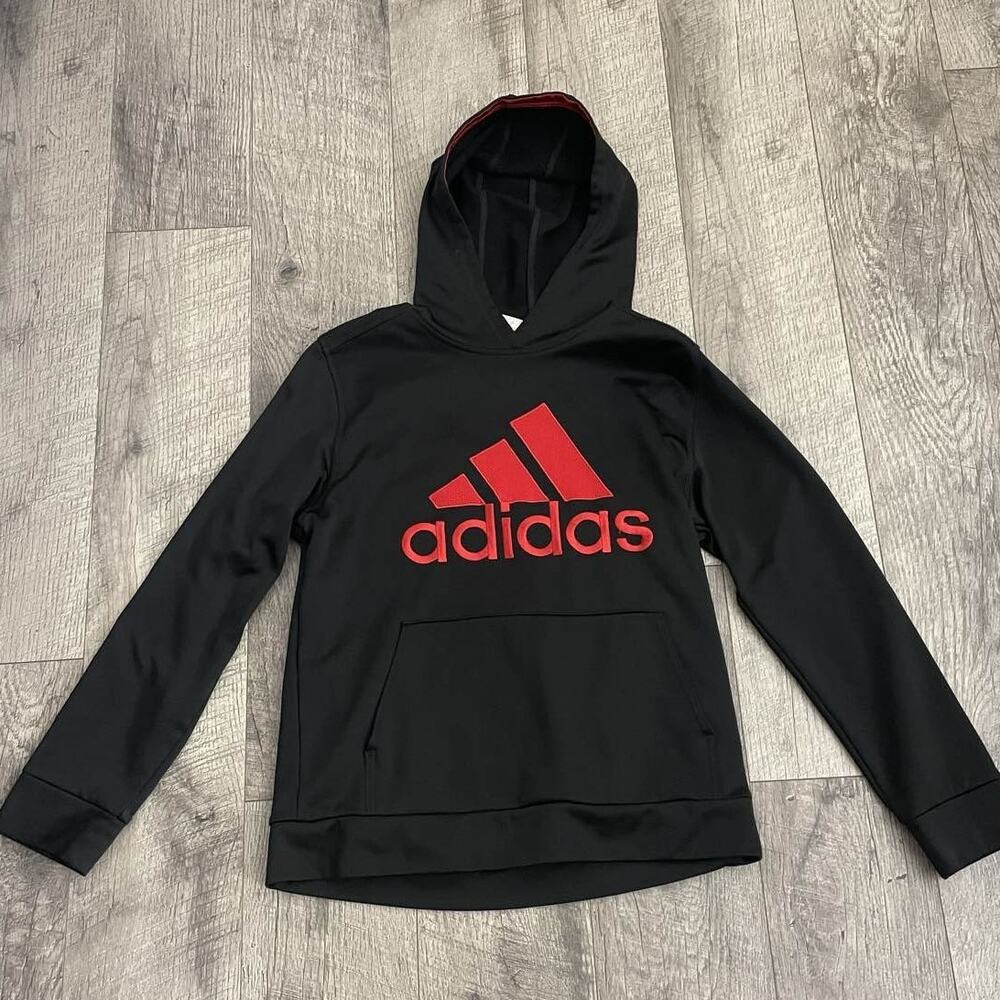 Adidas Youth‎ L 14/16 Black Red Logo Pullover Hoodie